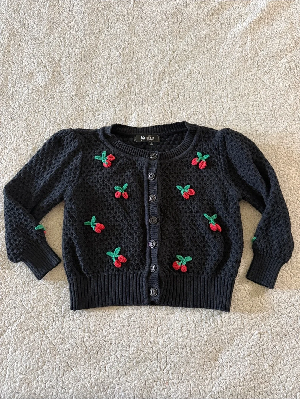 Ye Mak Cotton Crochet Black Cherry-Appliqué Button-Front Cardigan Small